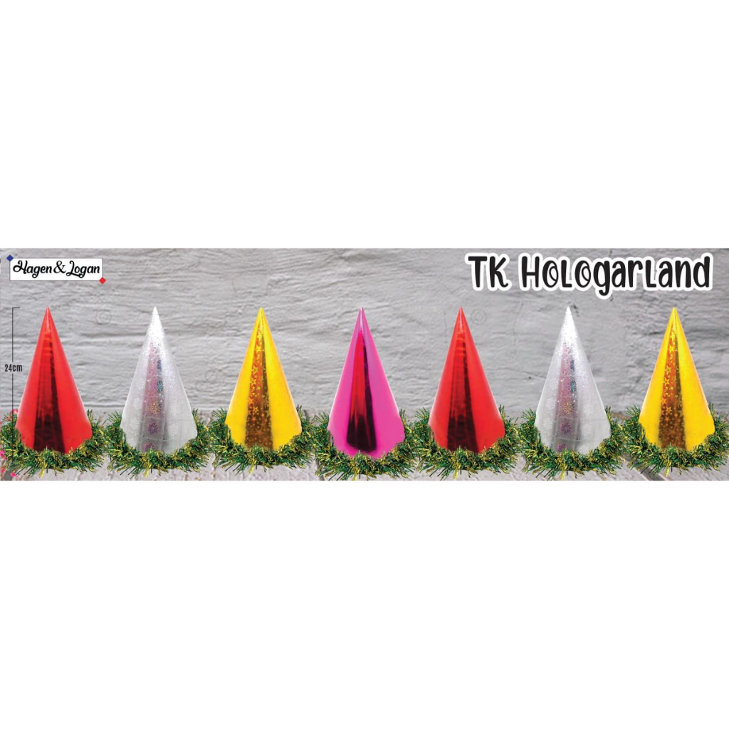 Topi Kerucut Ulang Tahun Anak | TK Hologarland Polos Warna-Warni | Dekorasi Pesta Ulang Tahun Anak L