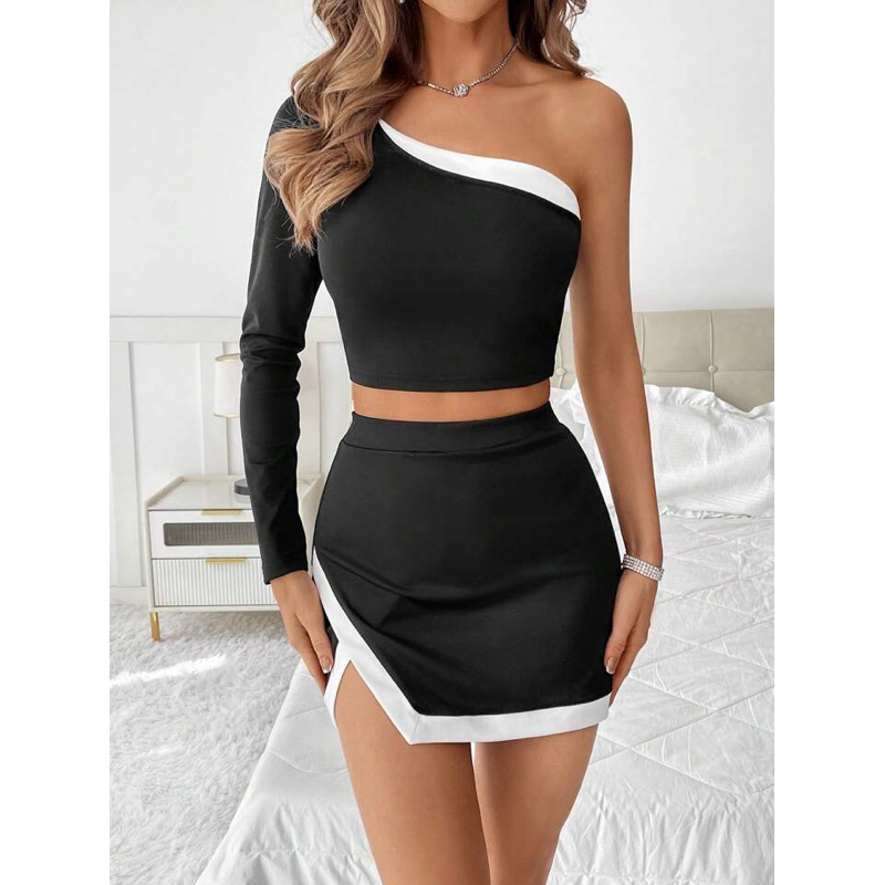 SHEIN Privé One Shoulder Cropped Color Cropped Top & Slit Skirt