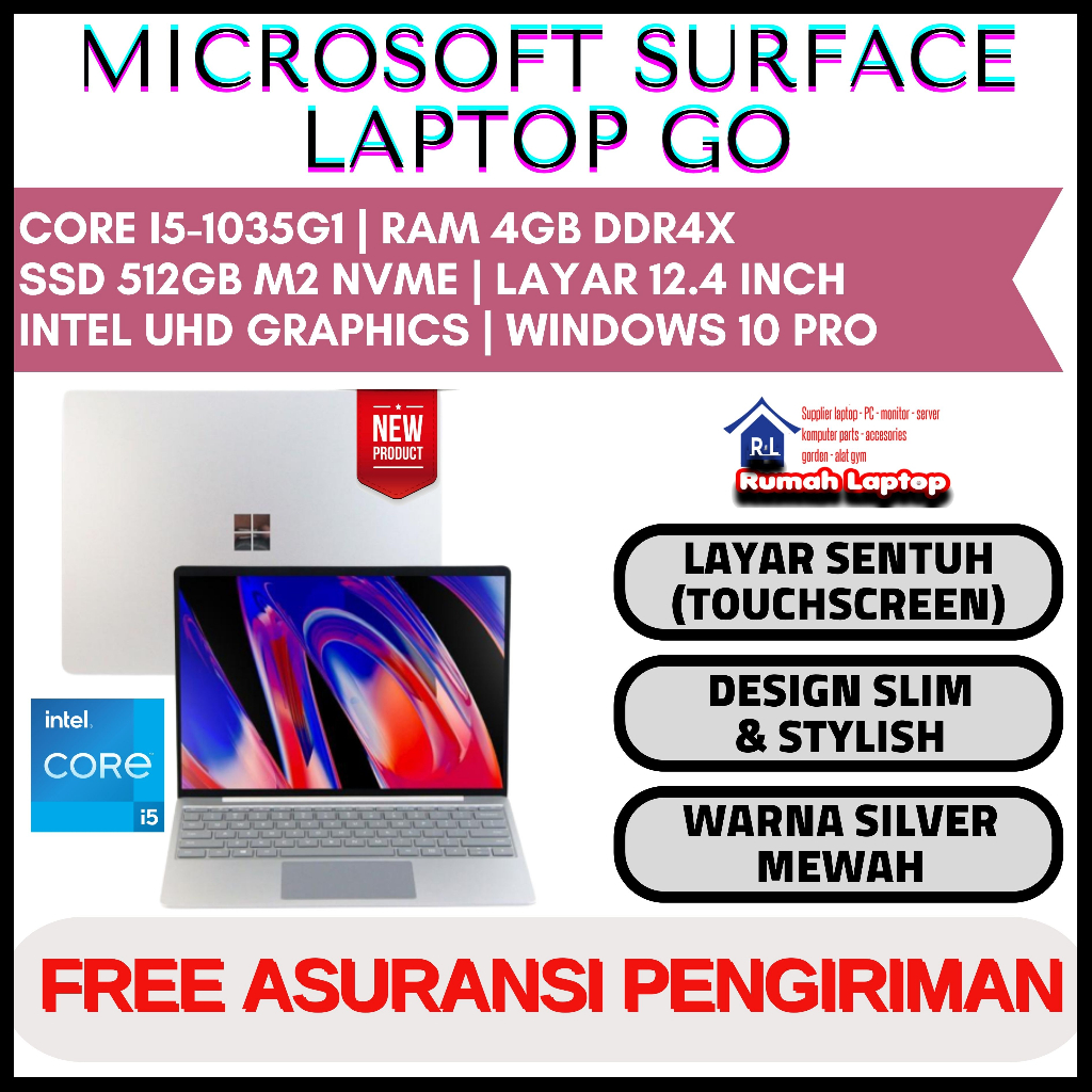 Laptop Microsoft Surface Go I5-1035g1 Ram 4gb Ssd 512gb 12.4" Win10 Touchscreen (Layar Sentuh)