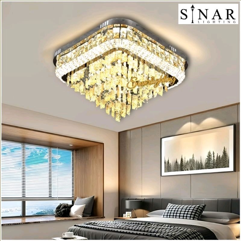 Lampu plafon kristal kotak 60 cm + Remote LED 3 cahaya M1001