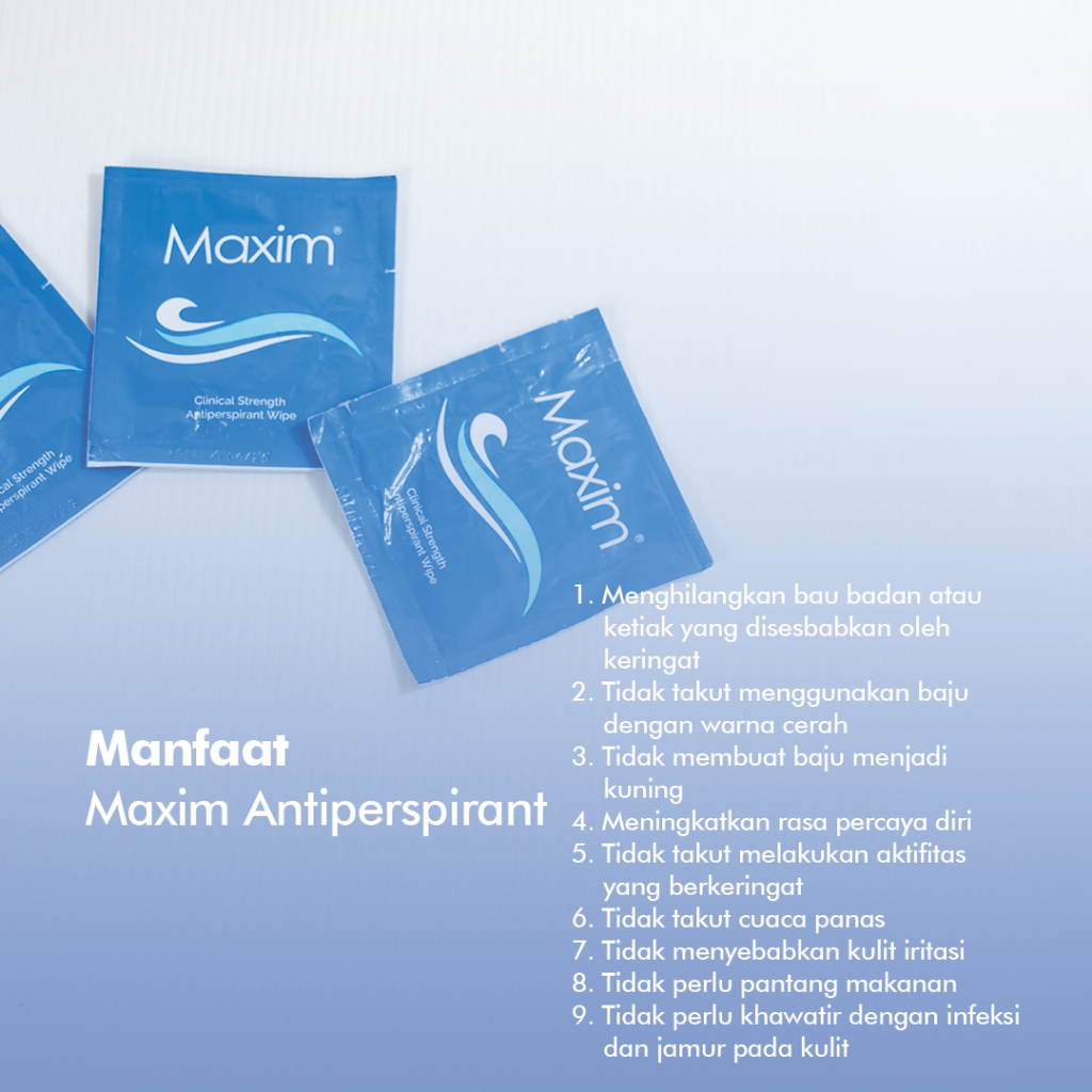 Maxim Antiperspirant Wipe 15% Solusi Masalah Hyperhidrosis, Ampuh Mengatasi Keringat Berlebih dalam 7 hari, Direkomendasikan oleh Dokter dan Pakar Dermatologis, Non-Alkohol, Non-Paraben, Halal dan BPOM - 1 Box isi 10 Sachet