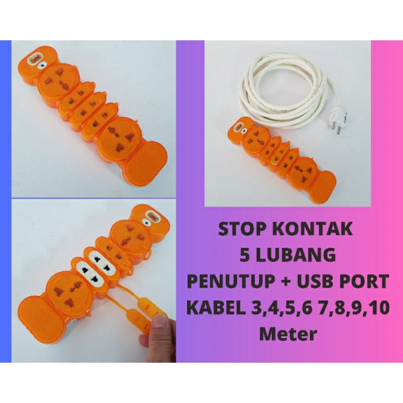 Stop Kontak 5 lubang + USB port + Penutup+Kabel 3 5  8 10 Meter