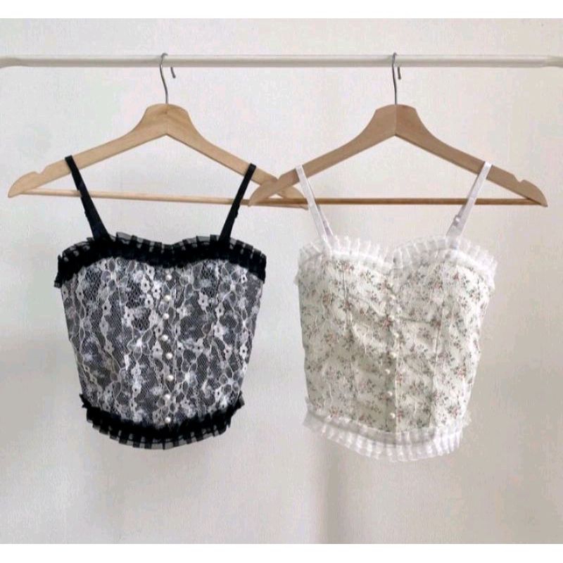 Tank top Korean Lace Pearl Floral Tank Top Atasan Wanita Import All Size 1131