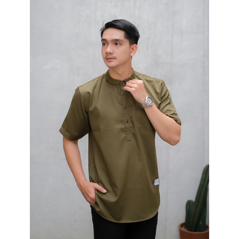 Baju kemeja koko Kurta pria dewasa lengan pendek pakaian muslim warna army