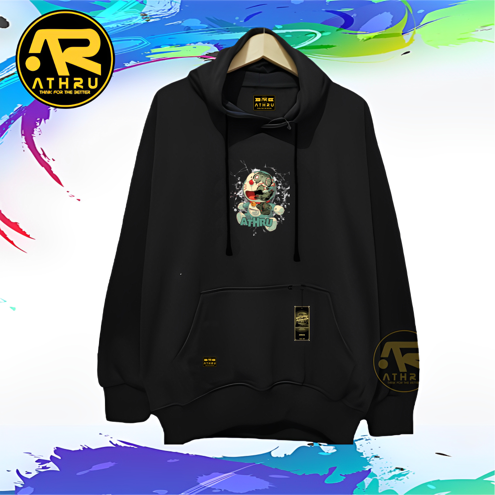 Hoodie Pria Wanita Distro Warna Hitam Sablon Anime Doraemon Athru Switer Hudie Unisex Jumbo Cowok