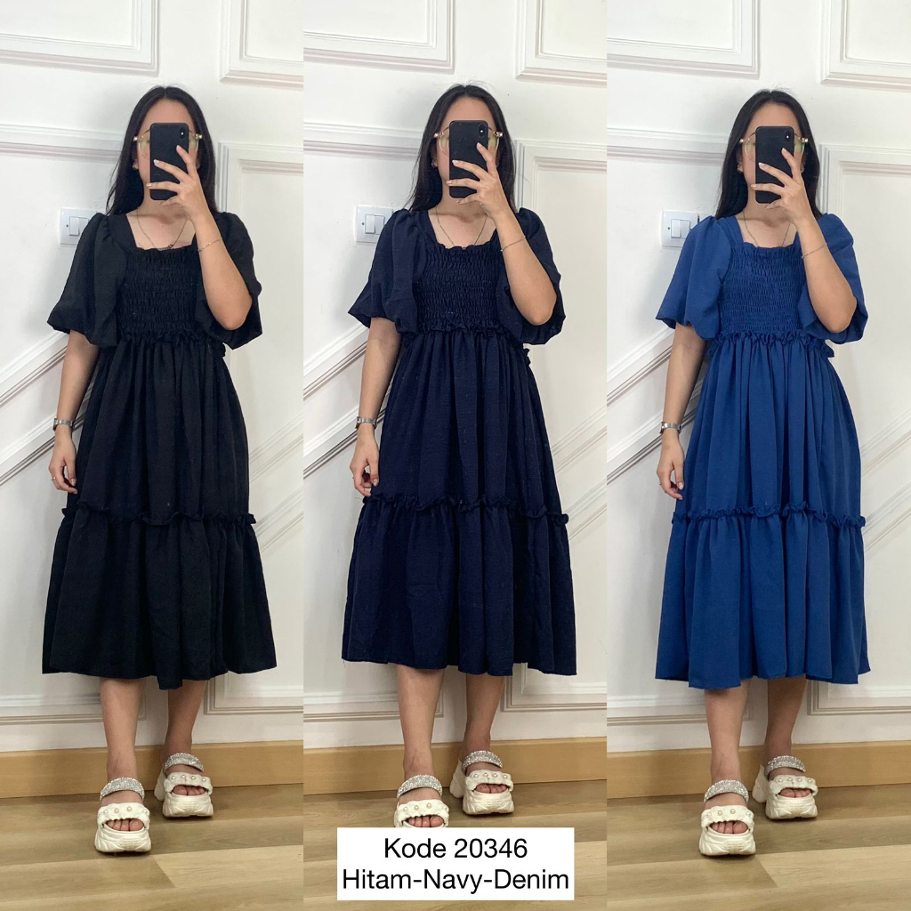 20346 DRESS CRINKLE BABYDOLL POLOS RUMPLE TINGKAT FULL KARET BAGIAN DADA TANGAN BALON PREMIUM TERUSA