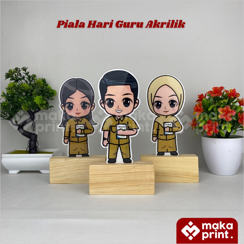 Piala Akrilik (Hari Guru) Tatakan Kayu - Piala Akrilik Hari Guru Karakter Seragam PNS Coklat - Kado 