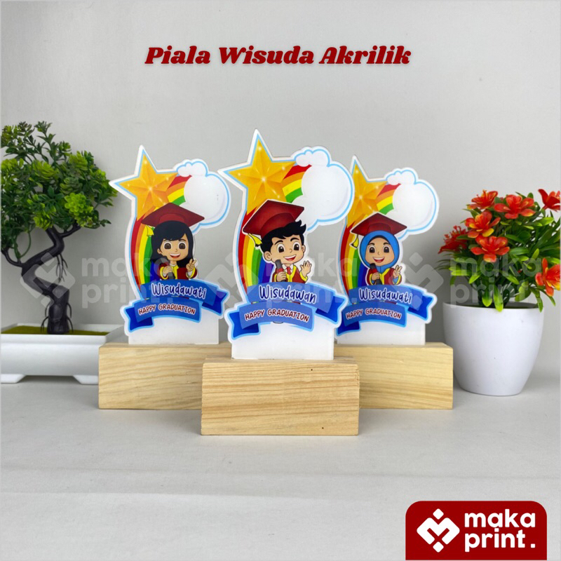 Plakat Wisuda Akrilik (Pelangi) Tatakan Kayu - Piala Wisuda Akrilik Karakter Desain Bintang - Plakat