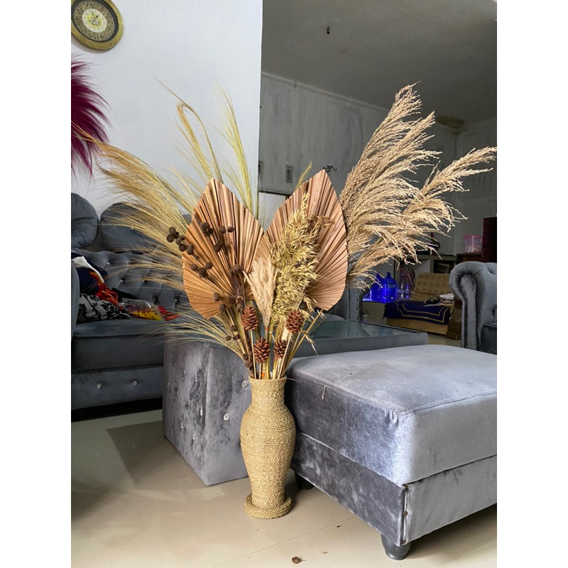 PROMO Paket Bunga Kering dan Pot Guci | Dekorasi Rustic | Pampas | Dekorasi Estetik | Daun Palem Ker
