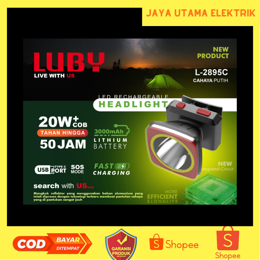 Senter Kepala Merek  Luby L-2895C 20W + COB Led Rechargeable Headlight 20 Watt