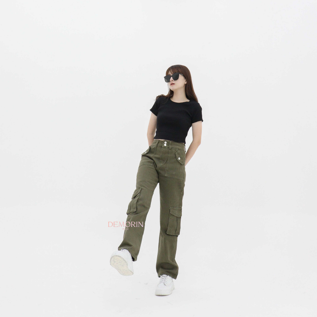 DEMORIN - Celana Highwaist Cargo Jeans Straight Bawahan Wanita X56 Army