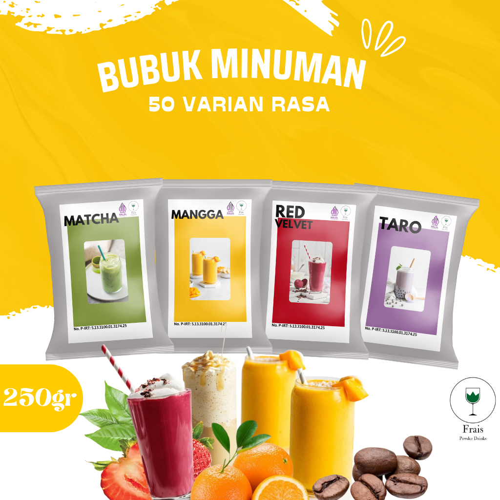 

BUBUK MINUMAN RASA 250GR / SERBUK MINUMAN ANEKA RASA / BUBUK MINUMAN KEKINIAN / MINUMAN INSTAN / MINUMAN BOBA / BOBA DRINKS