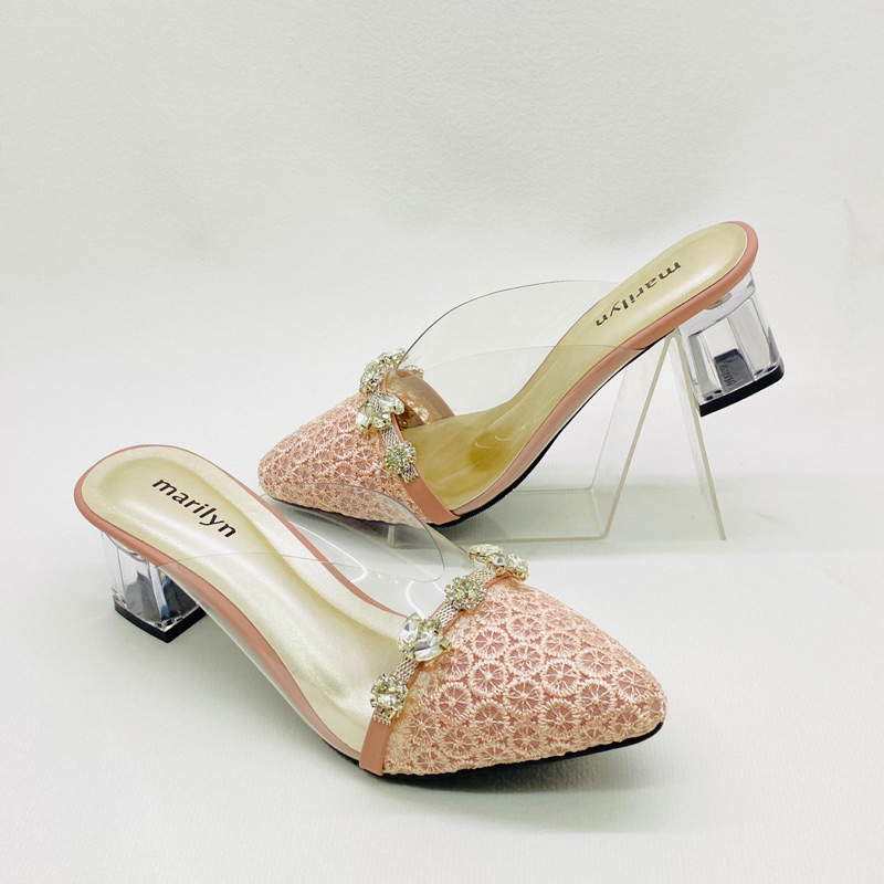 Sandal Pesta Heels Kaca Mutiara Sendal Wanita Mules Terbaru Hak Tahu 5cm