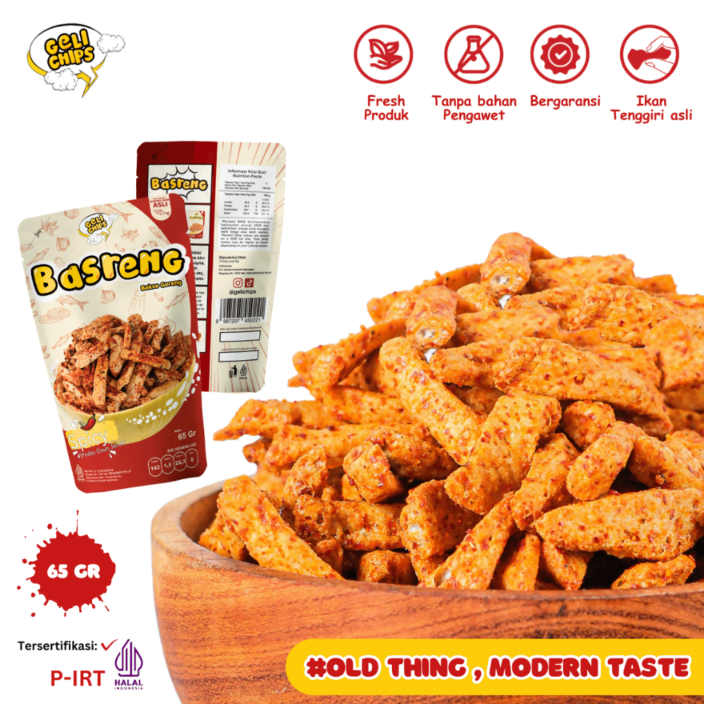 

Geli Chips - Basreng Spicy Pedas Gurih Daun Jeruk (Bakso Goreng) 65gr