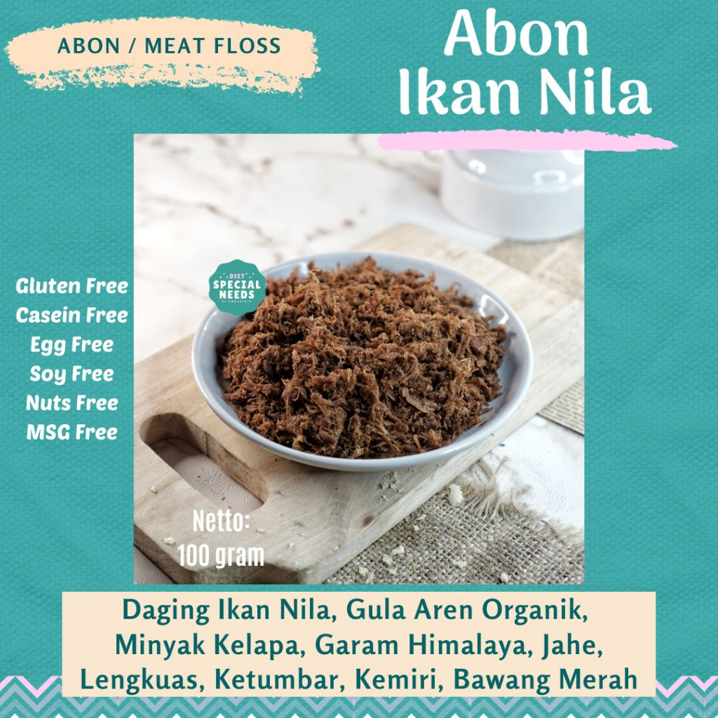 

Abon Ikan Nila Refined Sugar Free MSG Free Gluten Free Dairy Free Egg Free Soy Free - dengan Gula Aren Organik dan minyak kelapa - Diet Special Needs