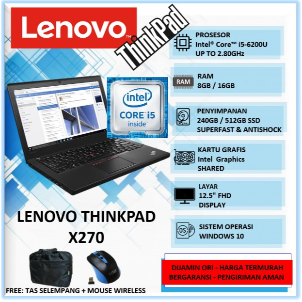 Laptop Second Bekas Murah Lenovo Thinkpad X270 Intel i5 16GB SSD 512GB 12" Windows 10 Pro