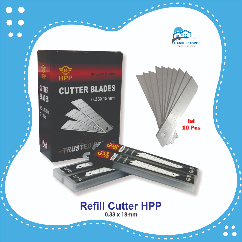 

Isi Refil Cutter / Mata Cutter Berkualitas Isi Mata Pisau Kater HPP (1 Pack Isi 10 Pcs Pisau)