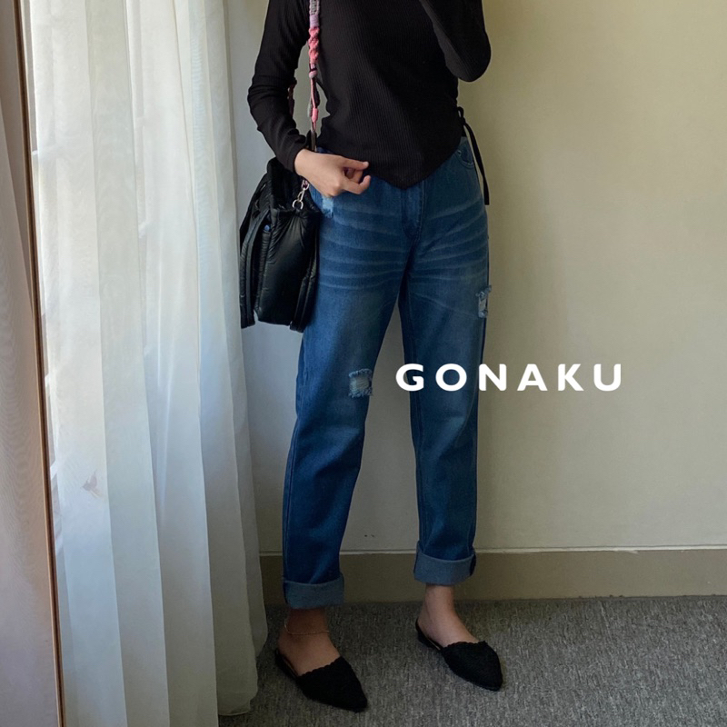 [GONAKU] Lala Ripped Jeans Highwaist Wanita | Celana Jeans Boyfriend Sobek Lutut | Jeans Karet Belak
