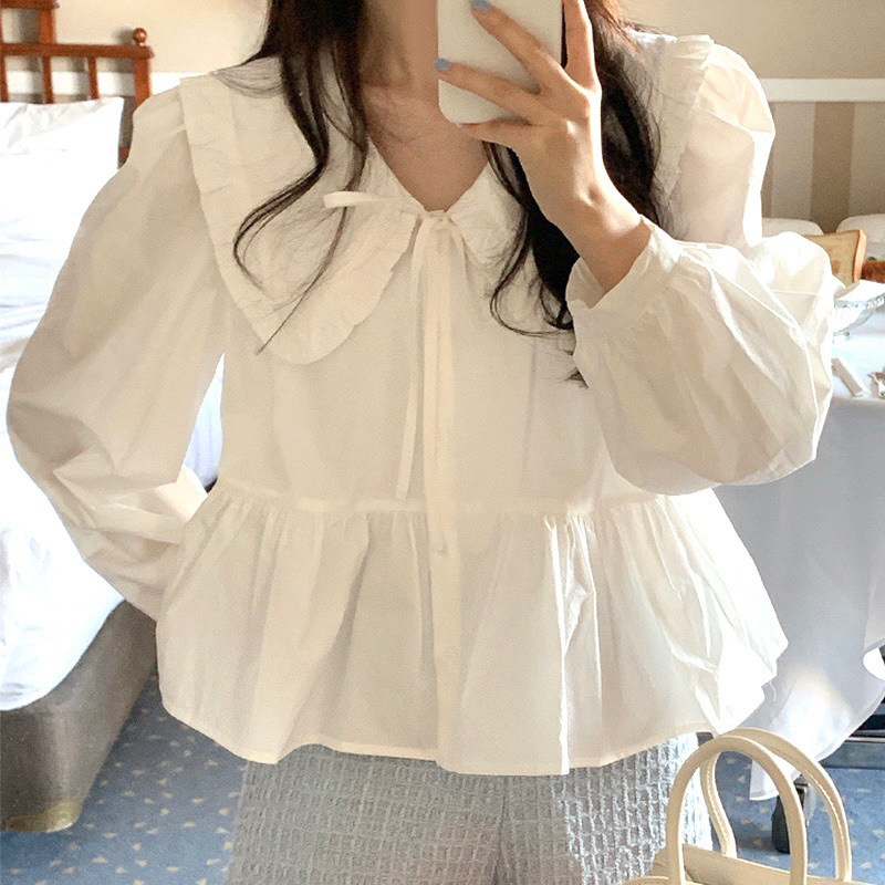 [ALENA]Blouse putih wanita lengan panjang Korea Style