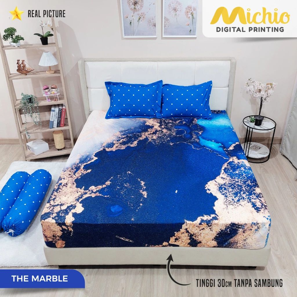 MICHIO - SPREI SET 100/120/140/160/180 TINGGI 30 MOTIF THE MALE SAMUDERA OCEAN BLUE LAUT BIRU