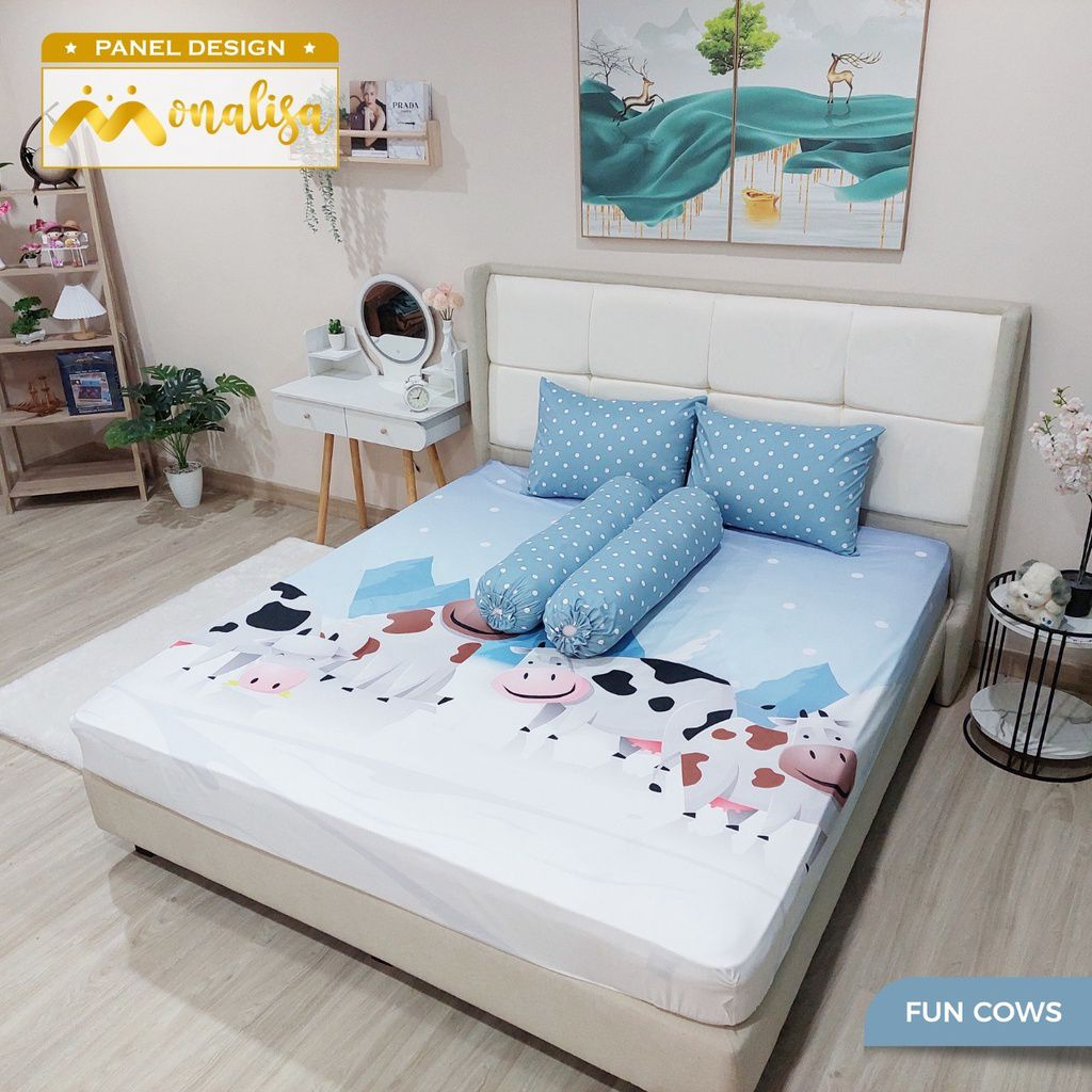 MONALISA - SPREI PANEL SET 90/100/120/140/160/180 MOTIF SAPI COW MOO FUN COWS BIRU MUDA BLUE WHITE