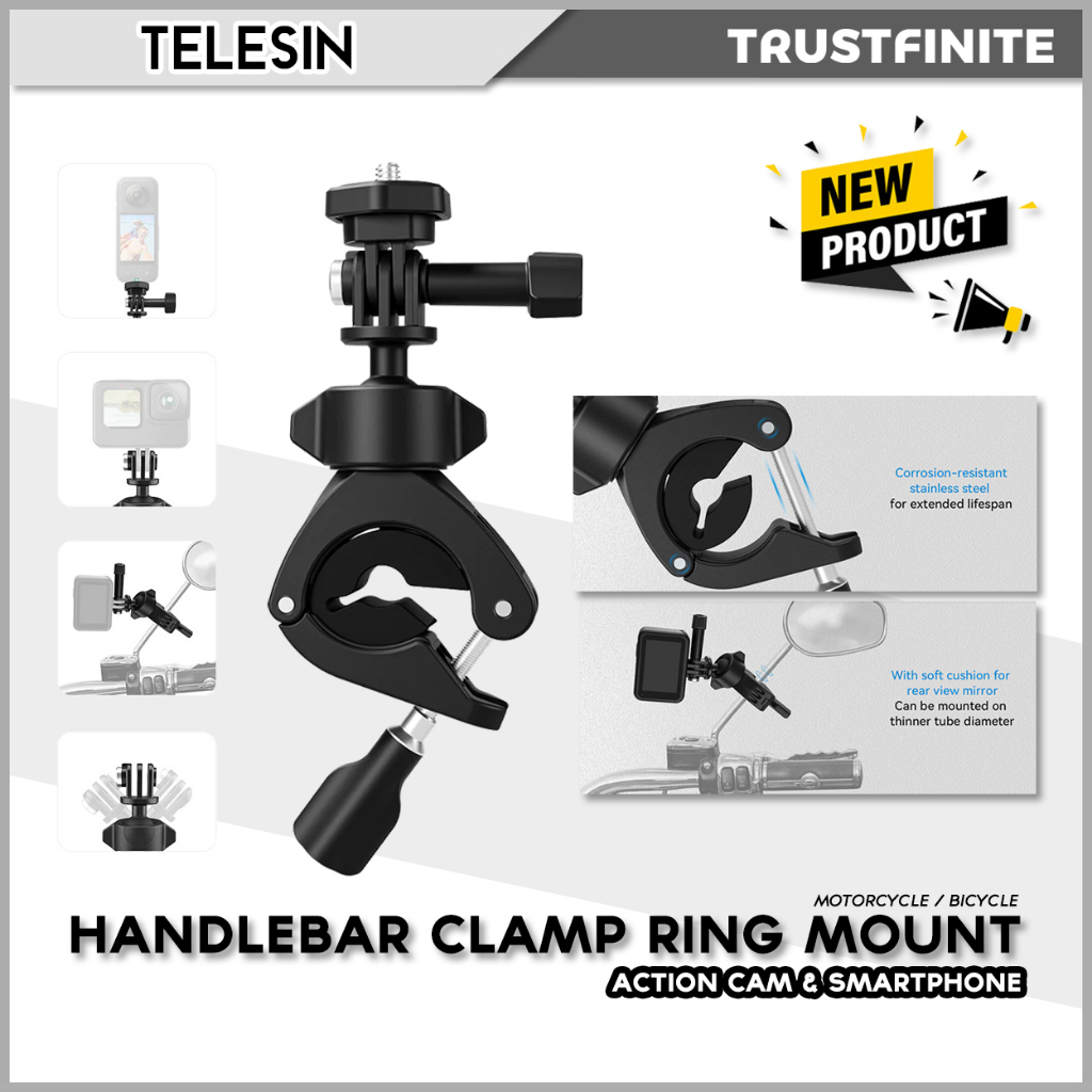TELESIN 360 Handlebar Clamp Mount GoPro Hero 12/11/10/9/8/7/6/5/4/3 Akaso Insta360 X4/X3/X2/X /One R
