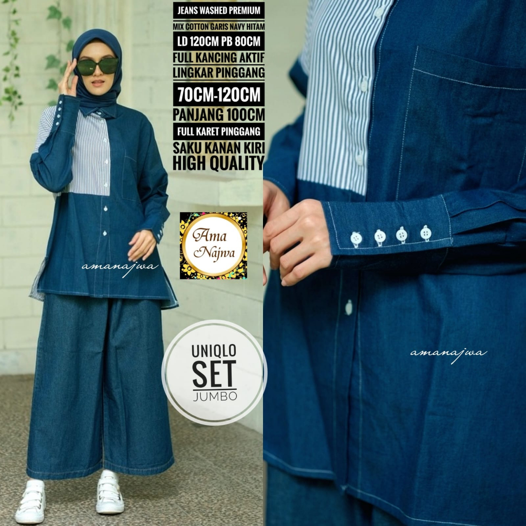 uniqlo set jeans wash jumbo ld 120 oneset stelan set setcel baju pakaian atasan blouse bluse jean ji