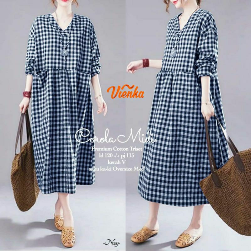 Corola midi dress katun kotak kotak jumbo LD 120 xxl