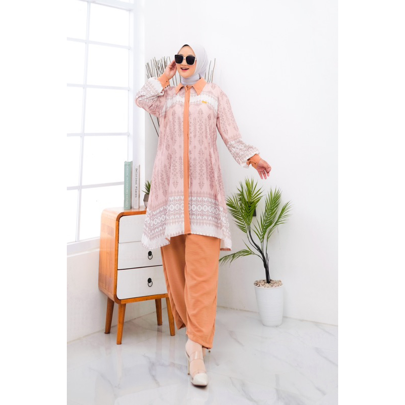 ONE SET | SETCEL LONG TUNIK AMEERA CRINKLE MOTIF ETNIK