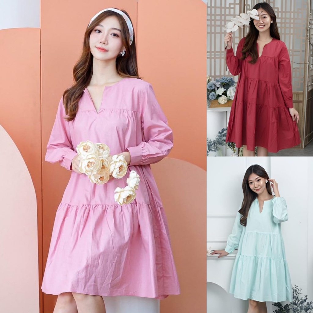 JITO INC - RUFFLE DRESS WANITA LENGAN PANJANG MODEL BABYDOLL MIDI SELUTUT KATUN POPLIN PREMIUM KUALI