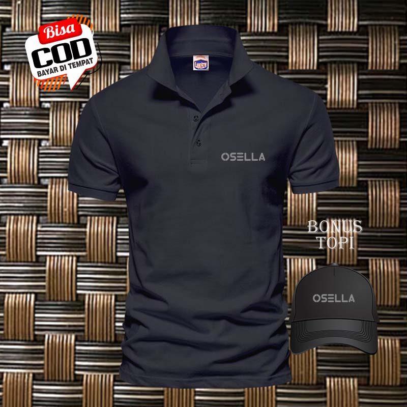 POLO SHIRT PRIA baju kaos kerah / kaos berkerah Osella Text Kiri Silver Bonus Topi / Kaos Polo Atasa