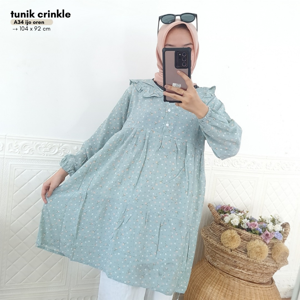 TUNIK WANITA MOTIF BUNGA BUNGA CANTIK BAHAN CRINKLE