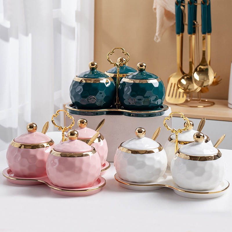 ASHOME Tempat Bumbu Set Keramik Bulat List Gold Mewah / Set Seasoning Jar Elegan / Tempat Bumbu Dapu