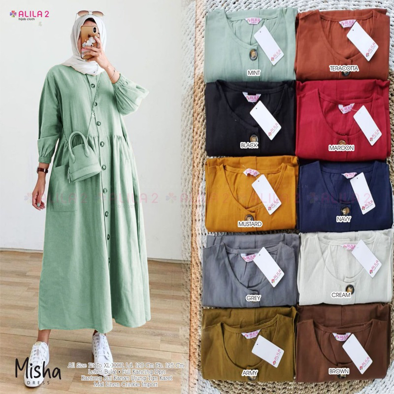 Misha Midi dress  by ALILA // 23.9 Midi Dress Wanita Polos Linen Crinkle import// Busui ld 120cm pre