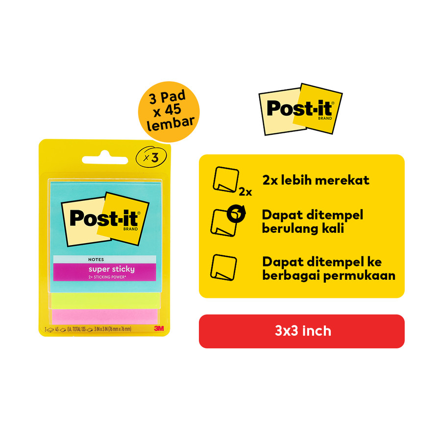 

Tokiko Post-it 3M Super Sticky Notes Miami (3 Pad) 45 Lembar 3X3" 3321-3SSMIA