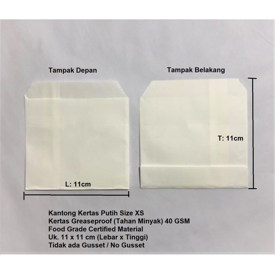 Kantong Kertas Makanan Putih 11x11 (XS) Anti Minyak Greaseproof Food Packaging Kertas Roti Kue Kebab