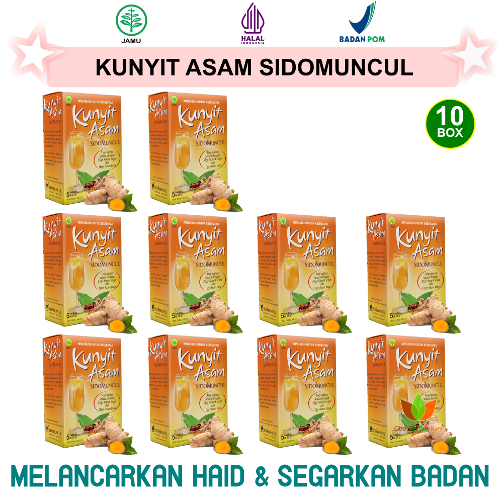 

50 SACHET JAMU KUNYIT ASAM SIDOMUNCUL, MINUMAN KESEHATAN PELANCAR HAID SEGARKAN BADAN OBAT HERBAL KUNYIT ASEM SIDO MUNCUL 10 BOX