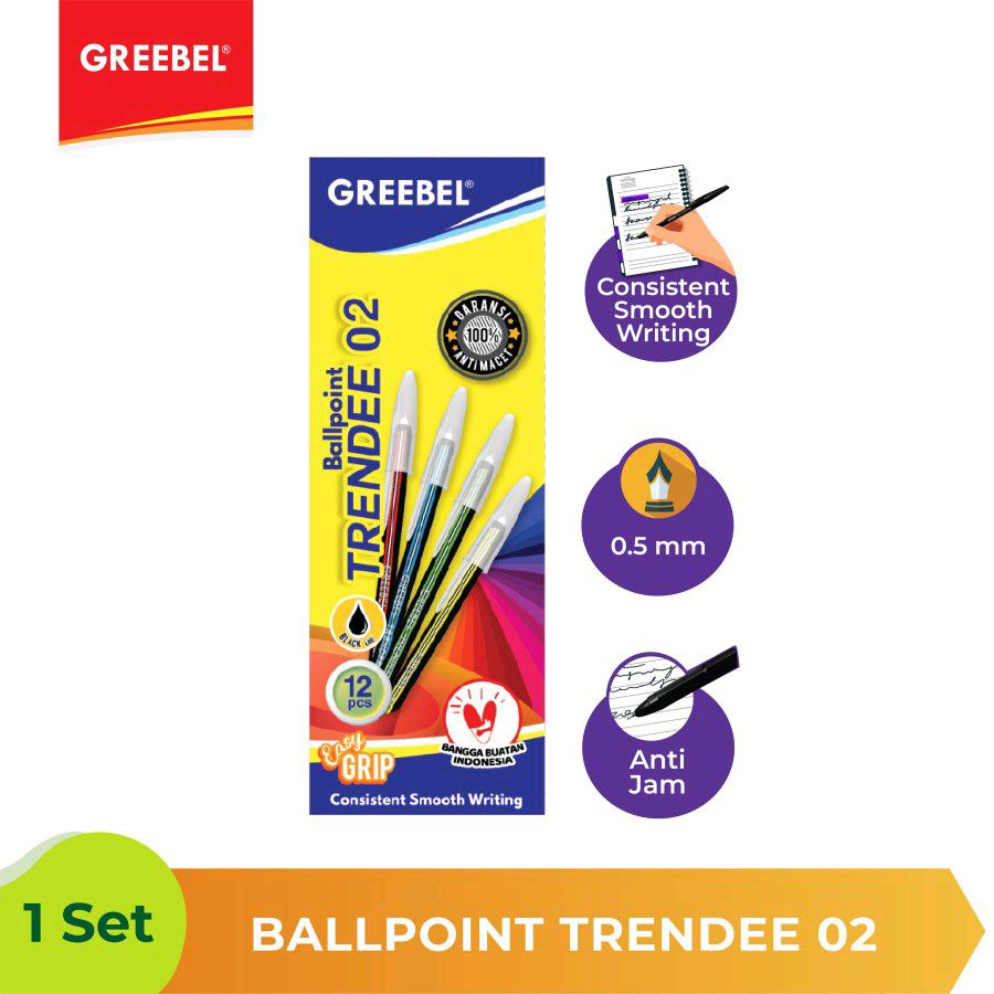 

PULPEN BOLPOINT PEN TRENDEE 02 BLACK (12 PCS)ORIGINAL GREEBEL WARNA HITAM