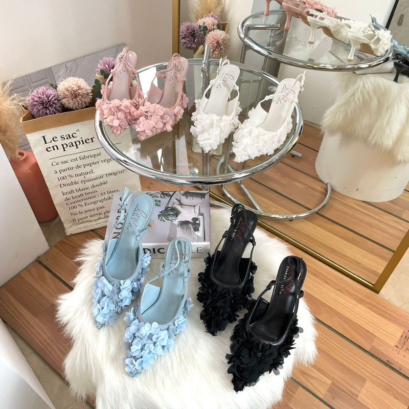 Floral 3D pump heels 7cm slingback ck import high quality fashion shoes sepatu wanita bunga hak ting
