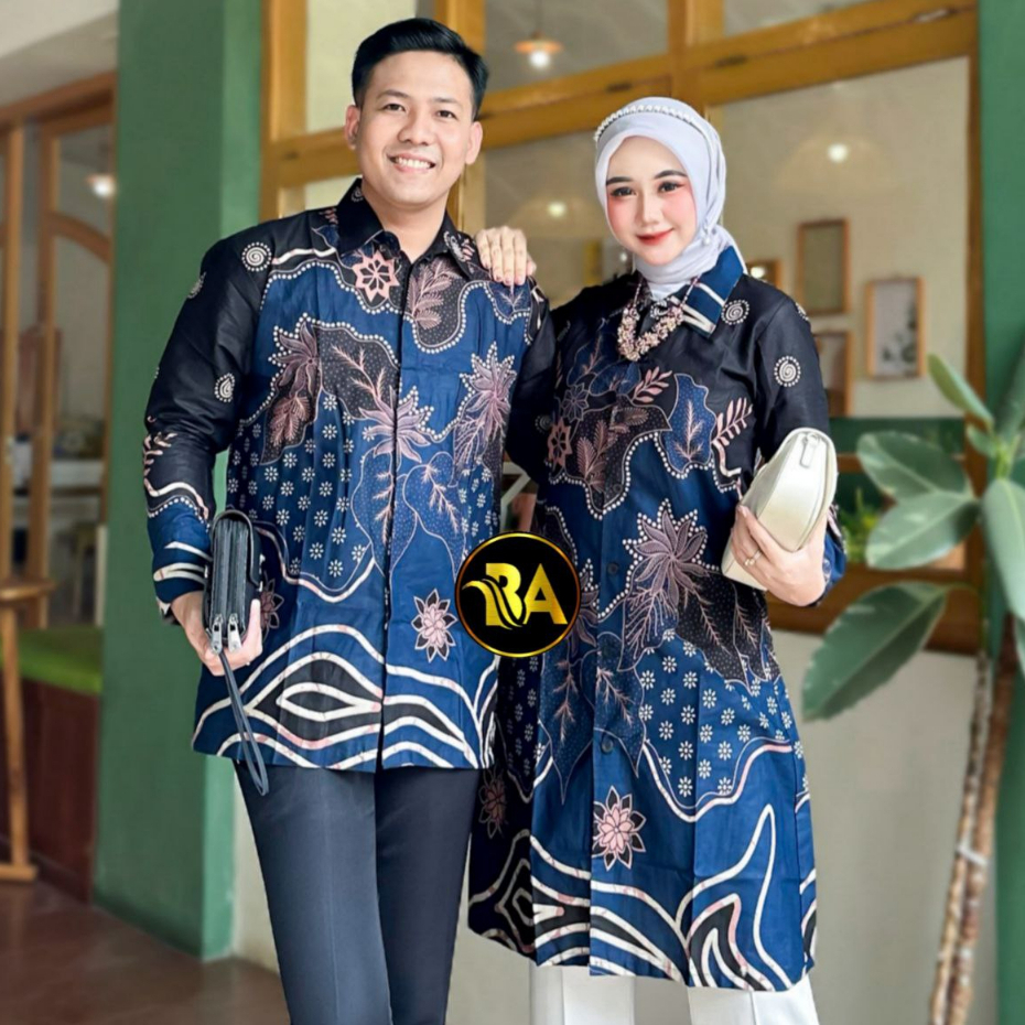 Baju Batik Original Tunik Kemeja Couple Sarimbit Lengan Panjang Motif Cakra Biru Navy Katun M-XXXL J