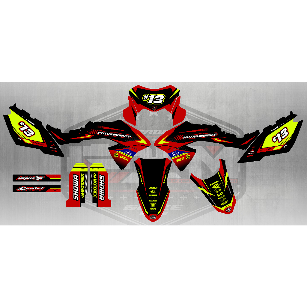 Stiker Decal Dekal KLX BF / G / Ekstreme Merah Hitam Kuning Stabilo dengan papan nomor