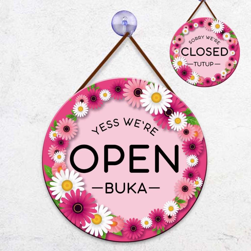

open closed signboard bolak balik pink bunga
