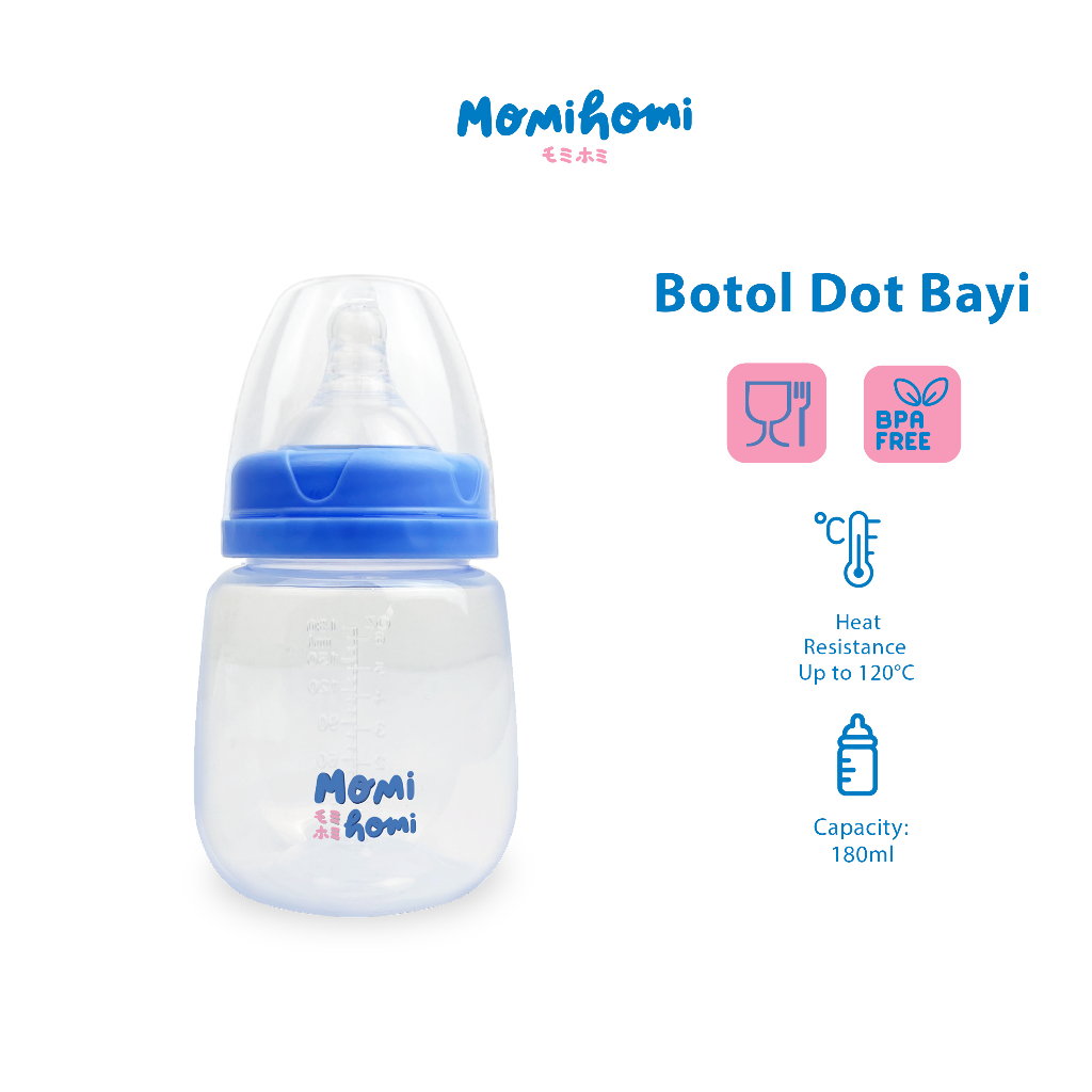 MOMI HOMI Botol Dot Susu Bayi Kapasitas 180ml BPA FREE Wide Neck Nipple Ulir Anti Sedak Heat Resistance Up To 120 Derajat Celcius Perlengkapan Menyusui Botol Asi Anak Food Grade Anti Colic Tahan Panas