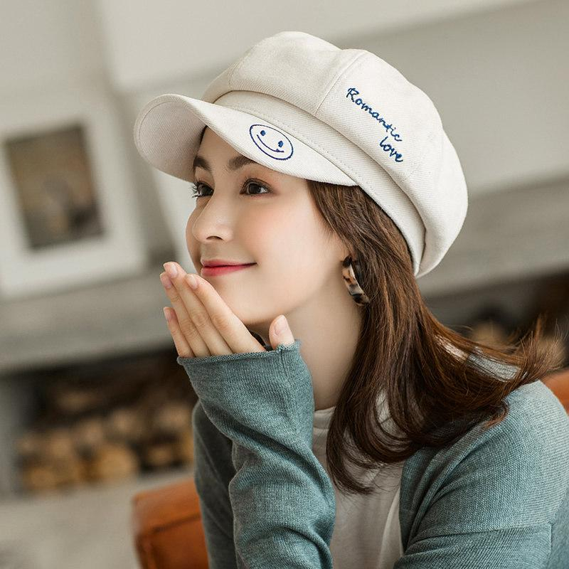 Topi Baret Bordir Senyum Katun Lucu untuk Wanita Topi Oktagonal Versi Korea Impor