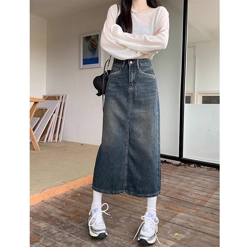 Rok A-Line Biru Retro Highwaist Rok Midi Jeans