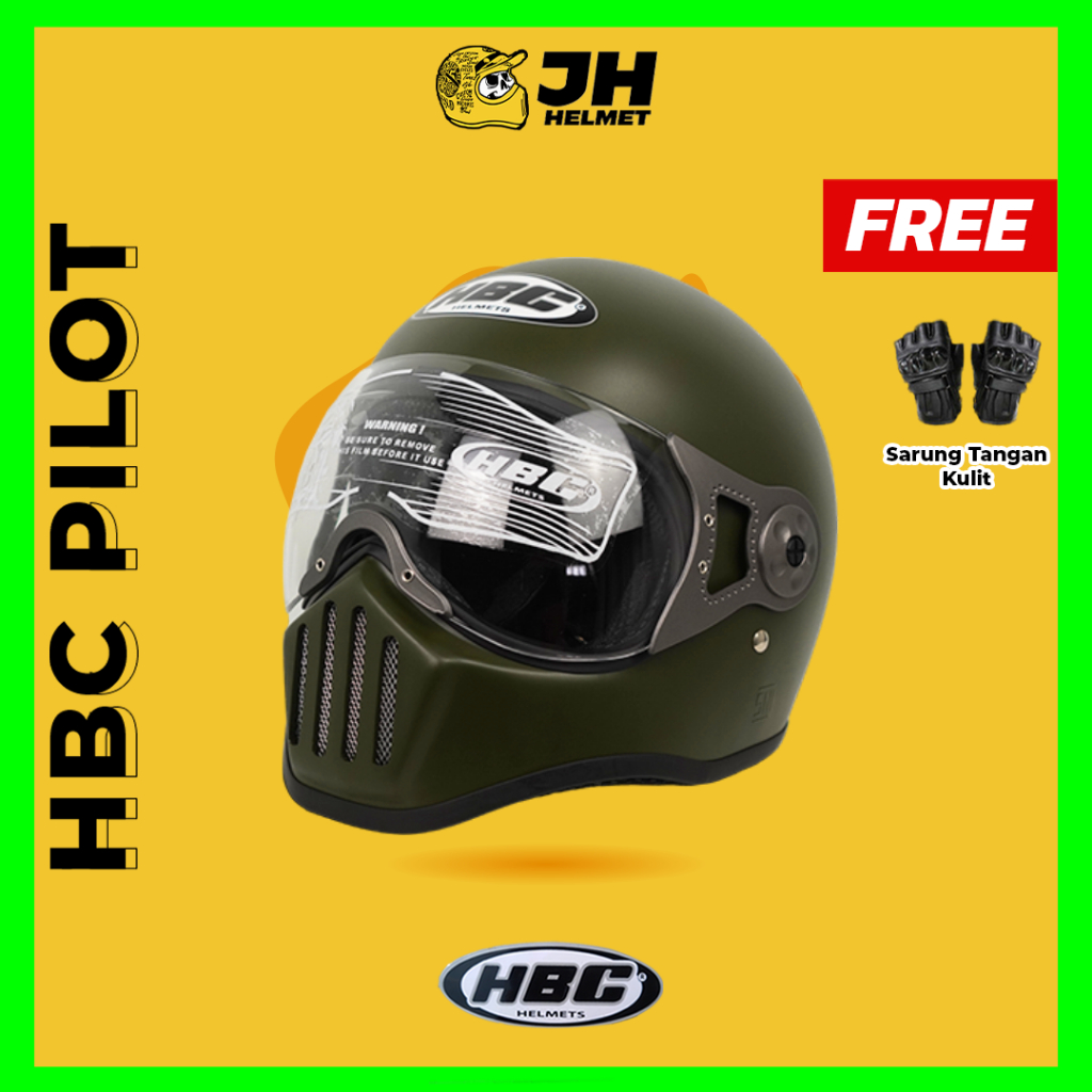 Helm Cakil HBC Pilot Polos Green Army Doff | Original 100% | HBC Cakil | Helm Retro | Helm Full Face