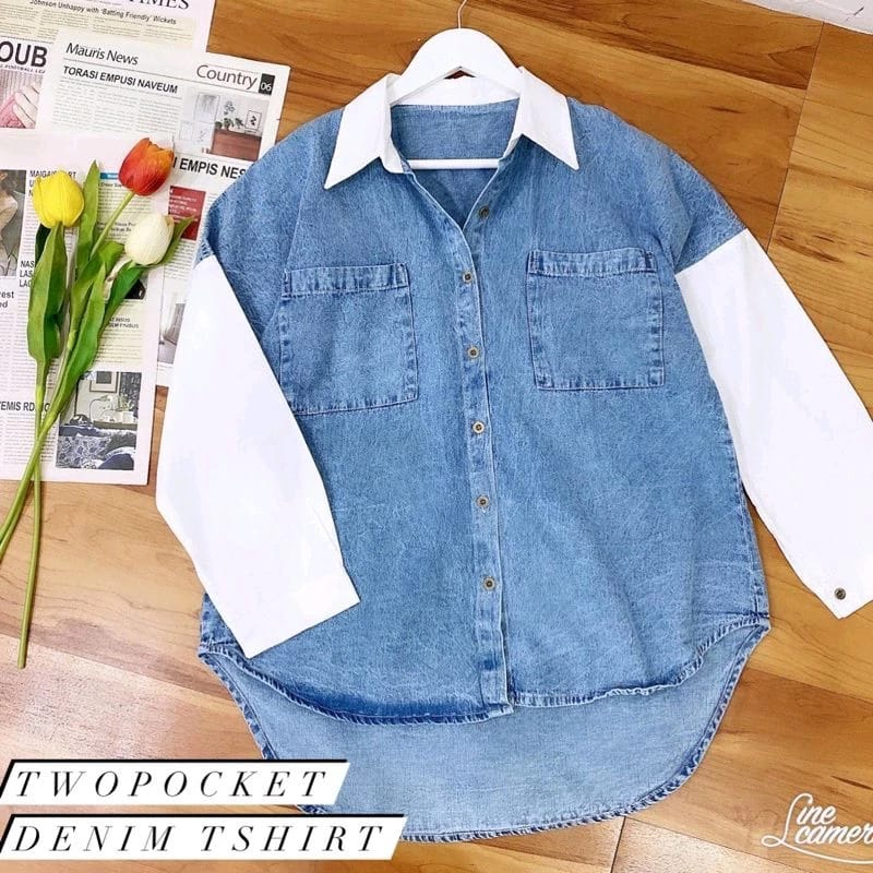 kemeja jeans wanita kombinasi katun / atasan kemeja jeans kombinasi katun premium