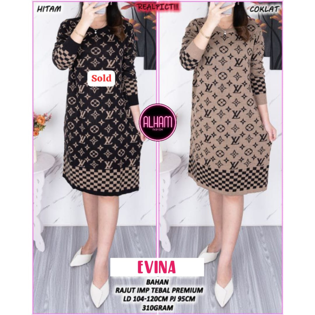 Evina Long Tunik Lengan Panjang Rajut LV Premium Knit Tebal Adem Nyaman Ori Alham
