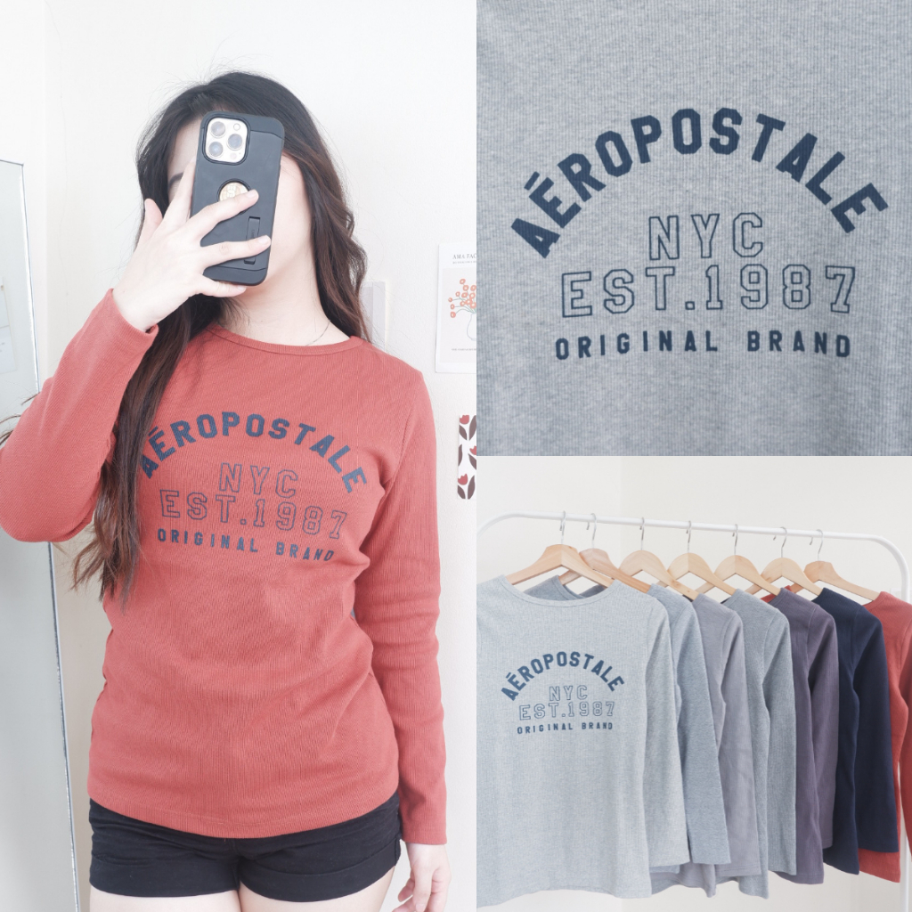Atasan Lengan Panjang Wanita Aeropostale Rib-Knit Long-Sleeve Crewneck Sweatshirt