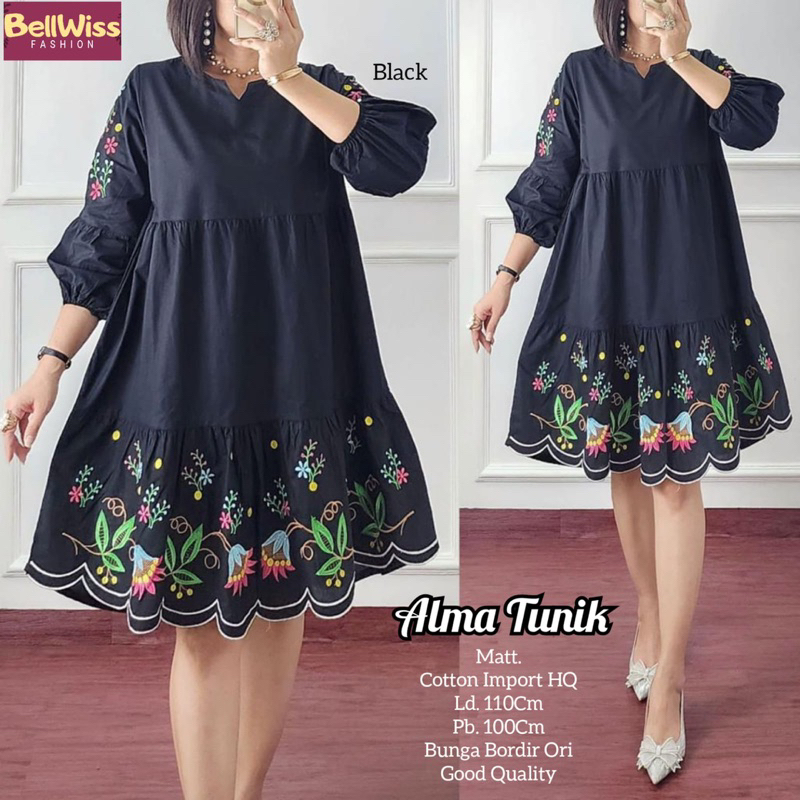 Alma /jola tunik katun bordir import original by bellwis/Atasan cotton bordir bunga terbaru
